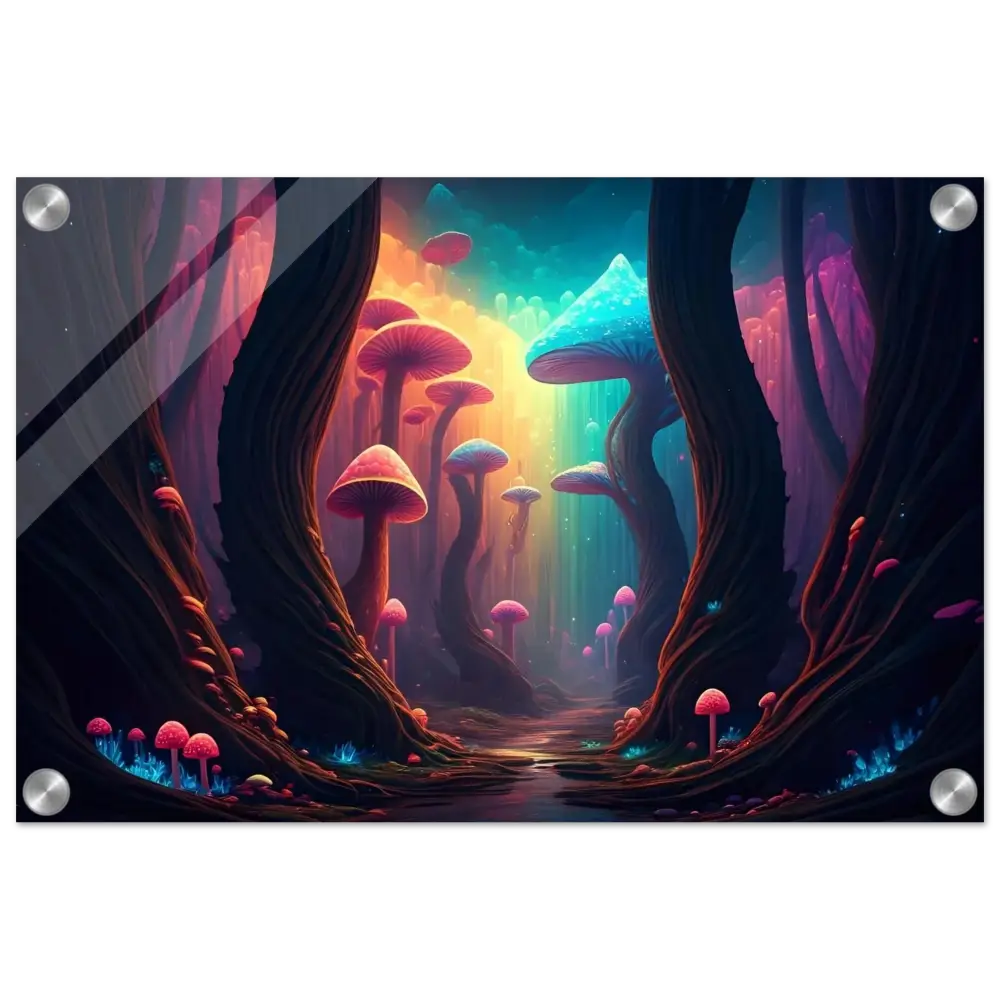 Vibrant mushroom forest art on acrylic print in Shroom Bloom The Veil Beyond collection