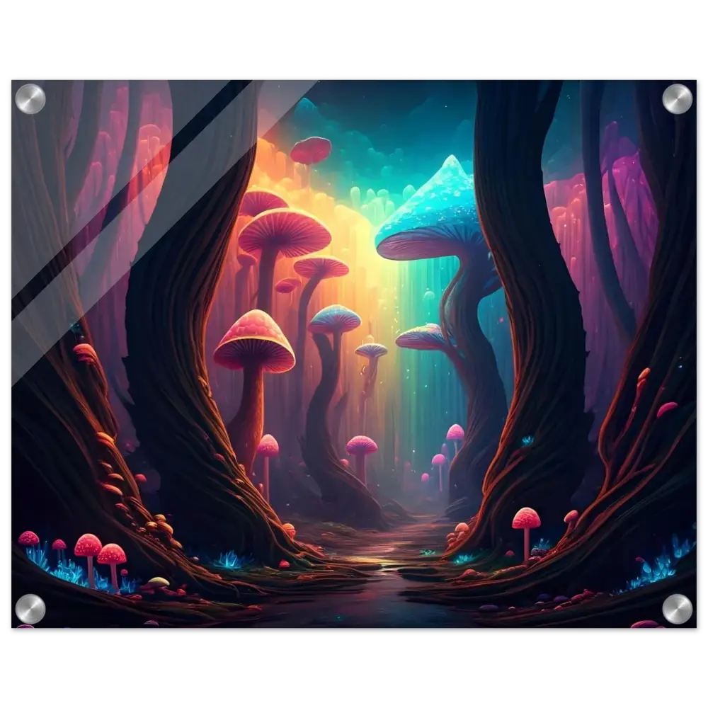 Vibrant mushroom forest art displayed in Shroom Bloom Acrylic Print by PixiOnyx Crystal Bloom Vision