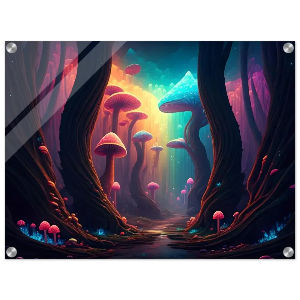 Vibrant fantastical mushroom forest acrylic print for Shroom Bloom The Veil Beyond by PixiOnyx