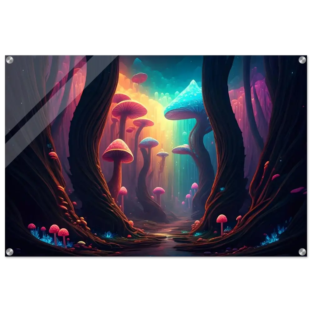 Vibrant mushroom forest art displayed on Shroom Bloom Acrylic Print by PixiOnyx Crystal Bloom Vision