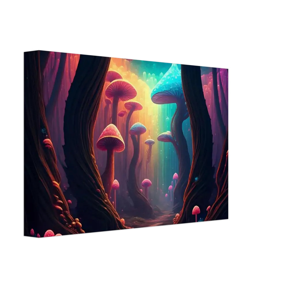 Vibrant mushroom forest canvas featuring colorful fungi in an ethereal woodland setting