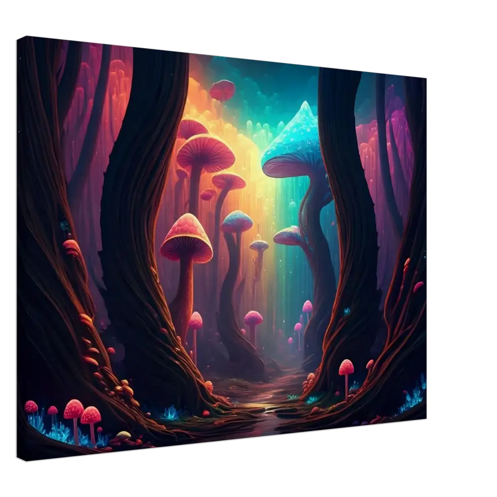 Vibrant Mushroom Forest displayed on Shroom Bloom The Veil Beyond Canvas by PixiOnyx