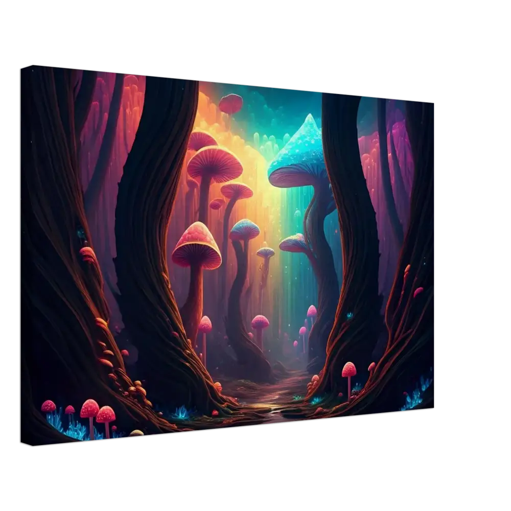 Psychedelic mushroom forest displayed on Shroom Bloom Canvas by PixiOnyx Ethereal Fungi Wrap