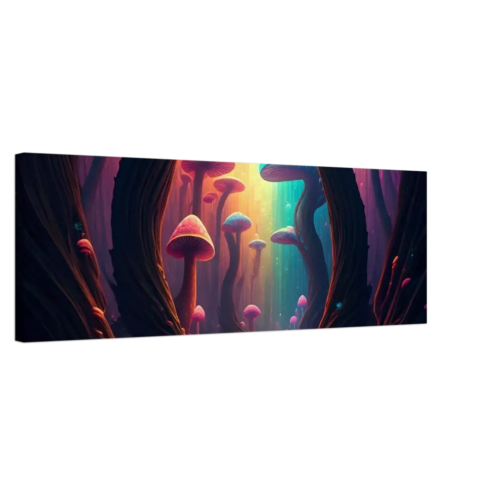 Whimsical mushroom forest scene on Shroom Bloom The Veil Beyond Canvas by PixiOnyx
