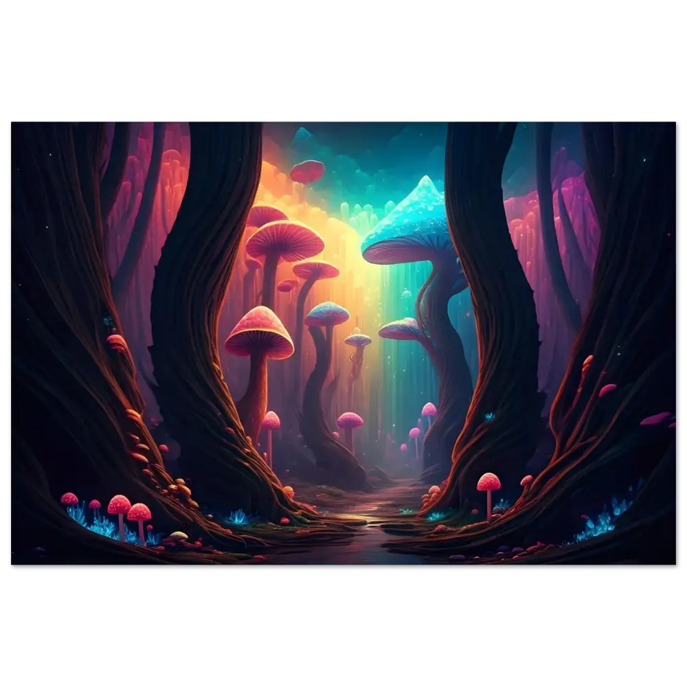 Vibrant fantastical mushroom forest art poster for Shroom Bloom The Veil Beyond PixiOnyx