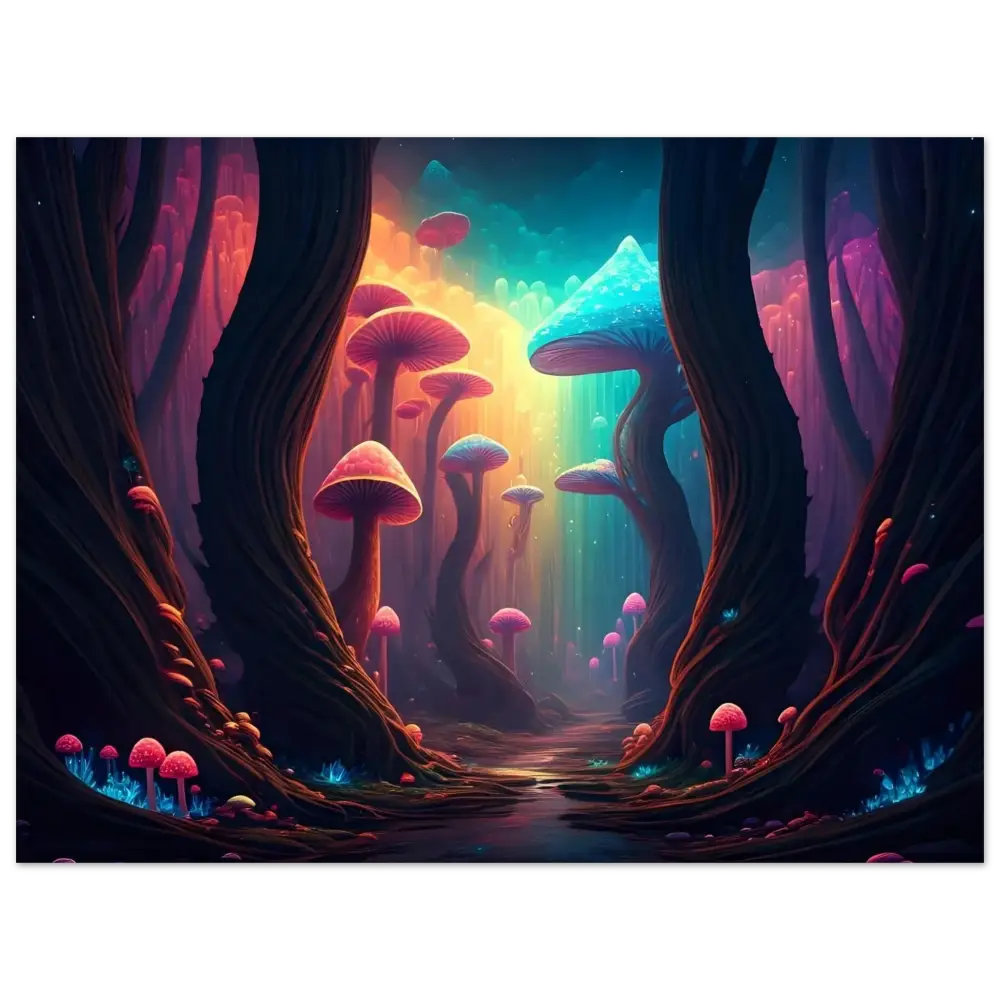 Vibrant mushroom forest featuring colorful fungi and lush greenery for Shroom Bloom poster