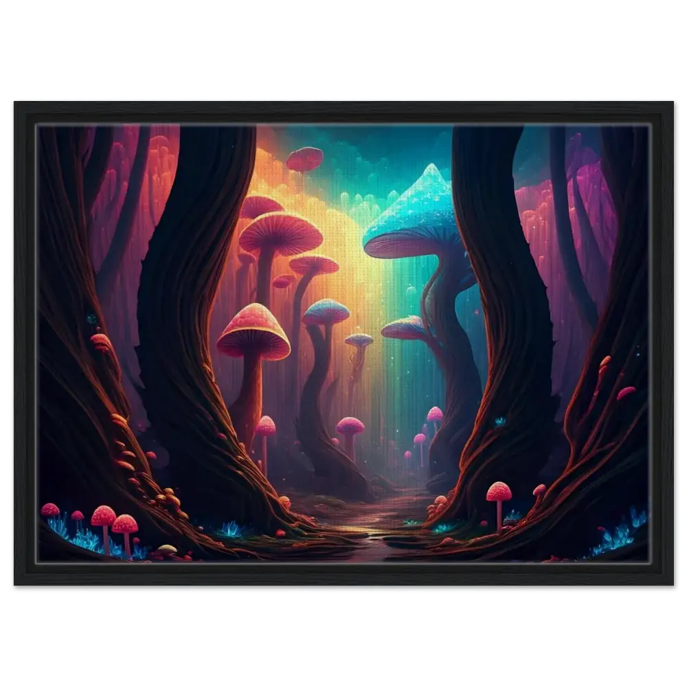 Colorful mushroom forest painting on framed canvas from PixiOnyx Cosmic Corridor Edition