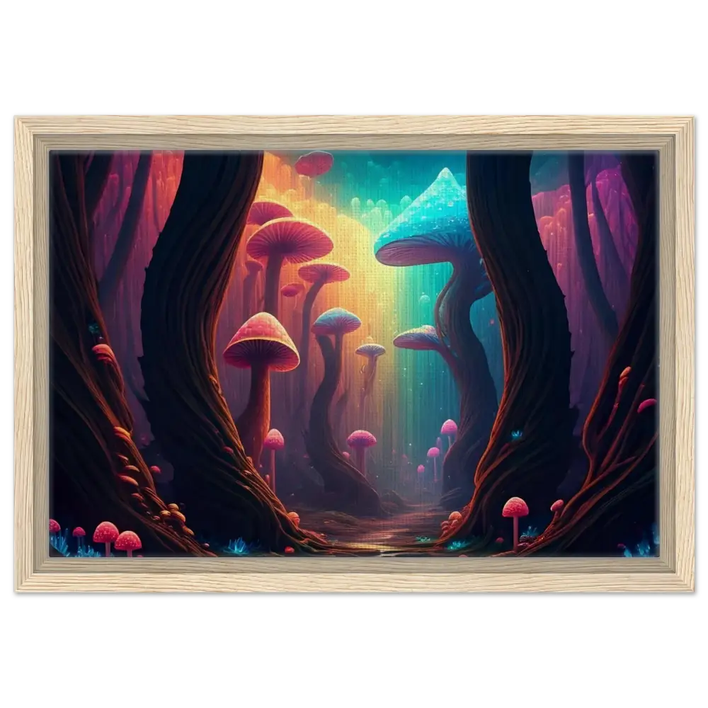 Framed psychedelic mushroom forest art from Shroom Bloom Cosmic Corridor Edition