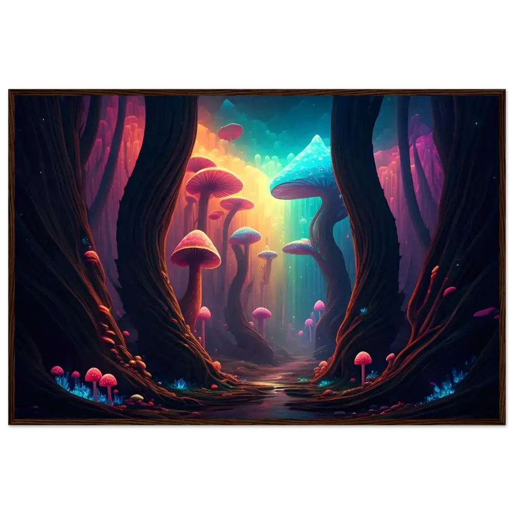 Vibrant mushroom forest framed poster from Shroom Bloom The Veil Beyond PixiOnyx