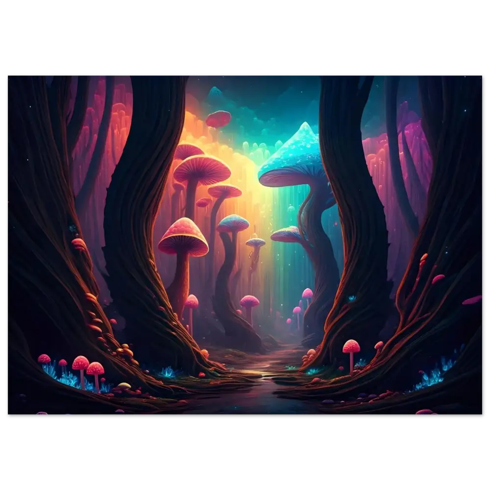 Vibrant fantastical mushroom forest framed poster for Shroom Bloom The Veil Beyond PixiOnyx