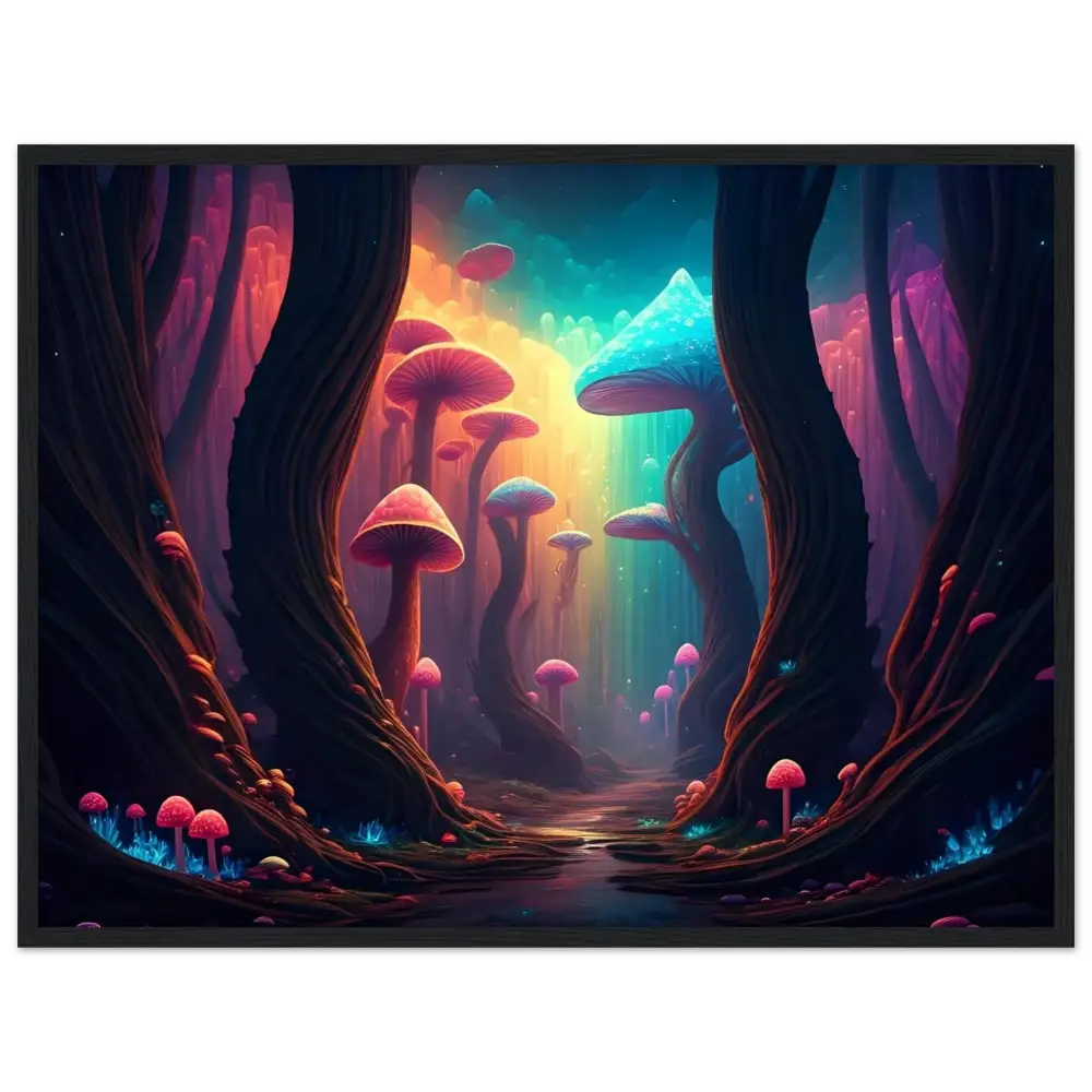 Vibrant fantastical mushroom forest framed poster Shroom Bloom The Veil Beyond PixiOnyx