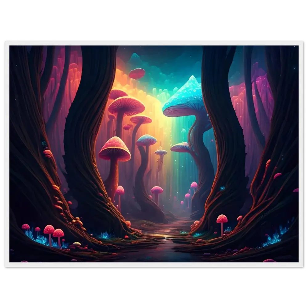 Colorful mushroom forest scene on framed poster Shroom Bloom The Veil Beyond PixiOnyx