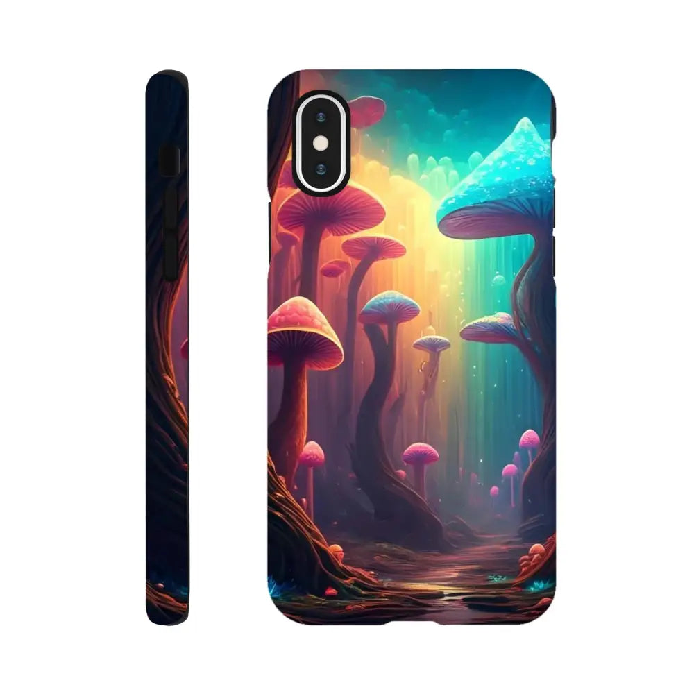 Mushroom-themed phone case featuring a vibrant trippy forest design for iPhone PixiOnyx