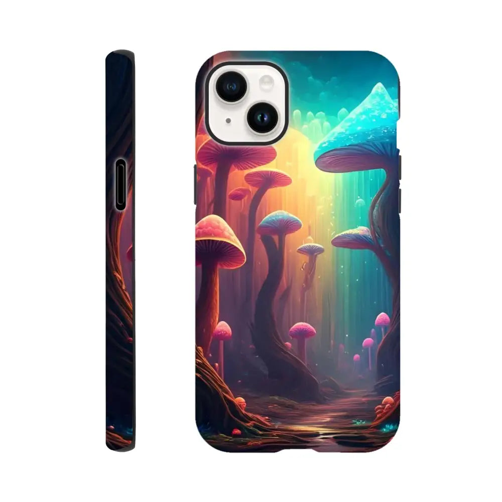 Colorful mushroom phone case for iPhone with vibrant trippy forest design
