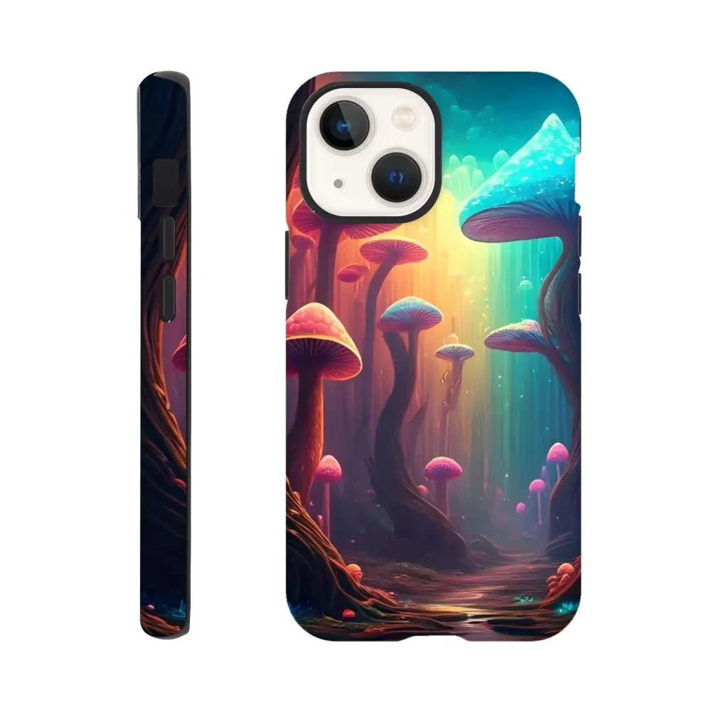 Mushroom-themed phone case with vibrant forest design for iPhone from PixiOnyx Trippy Forest Armor