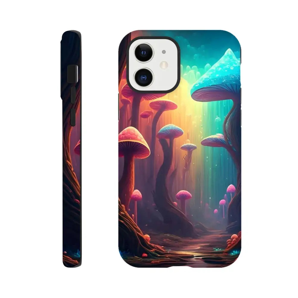 Mushroom-themed iPhone tough case featuring Shroom Bloom Trippy Forest design