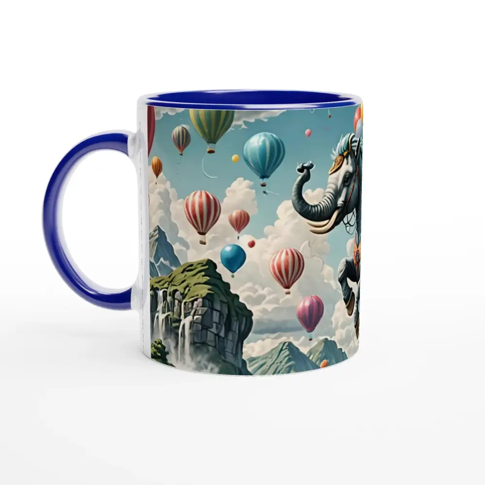 Blue-trimmed ceramic Mug with hot air balloon and elephant design from Skybound Majesty