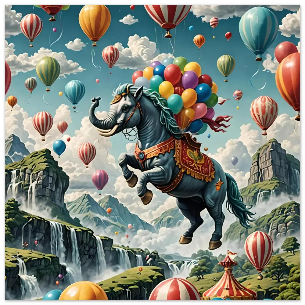 Fantasy elephant-horse hybrid with colorful balloons on Skybound Majesty aluminum print