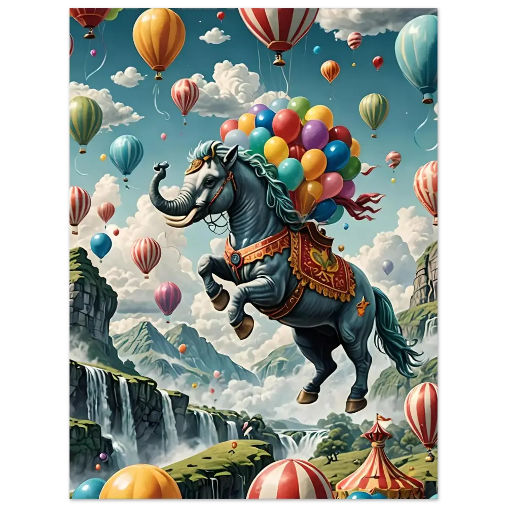 Fantastical Elephant-Horse Hybrid with Balloons in Skybound Majesty Aluminum Fantasy Print