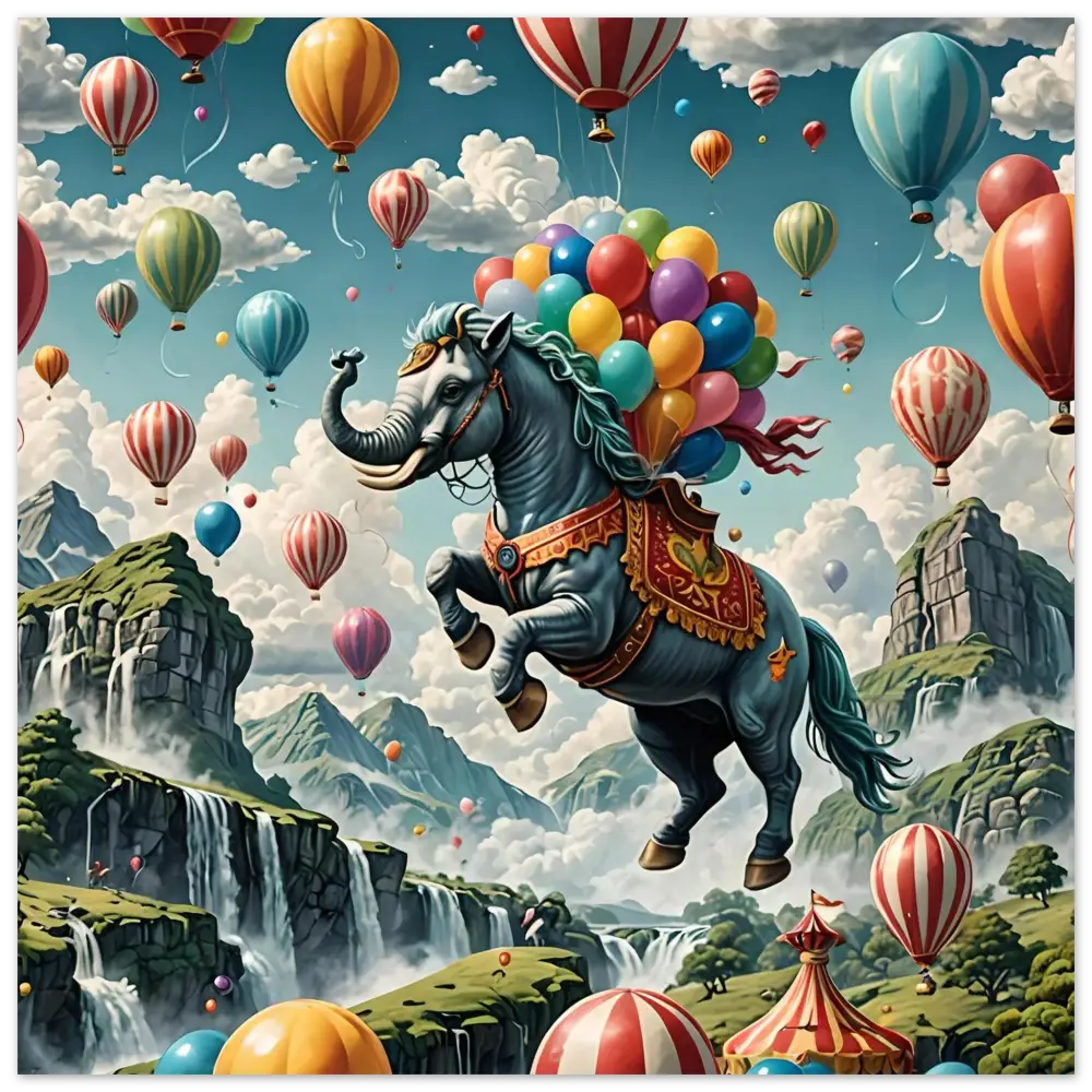 Elephant-horse hybrid carrying colorful balloons for Skybound Majesty aluminum fantasy print