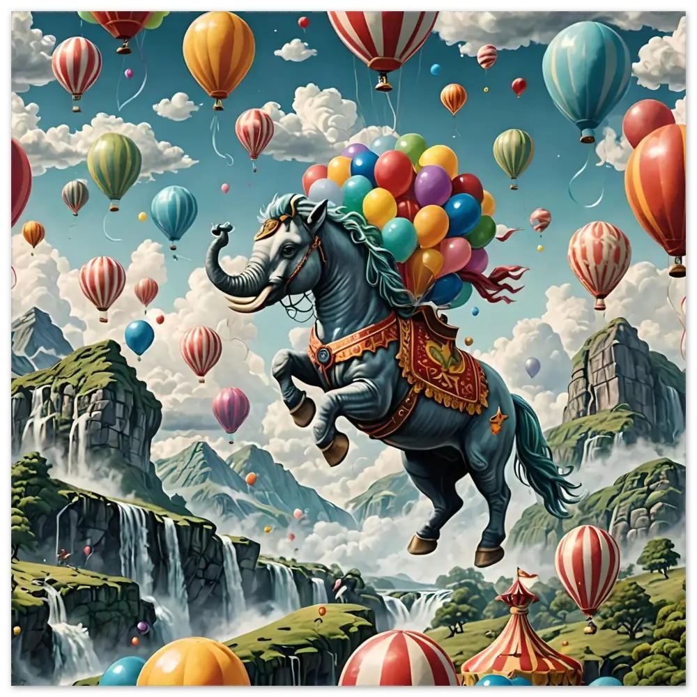 Fantasy horse-elephant hybrid with colorful balloons on Skybound Majesty aluminum print