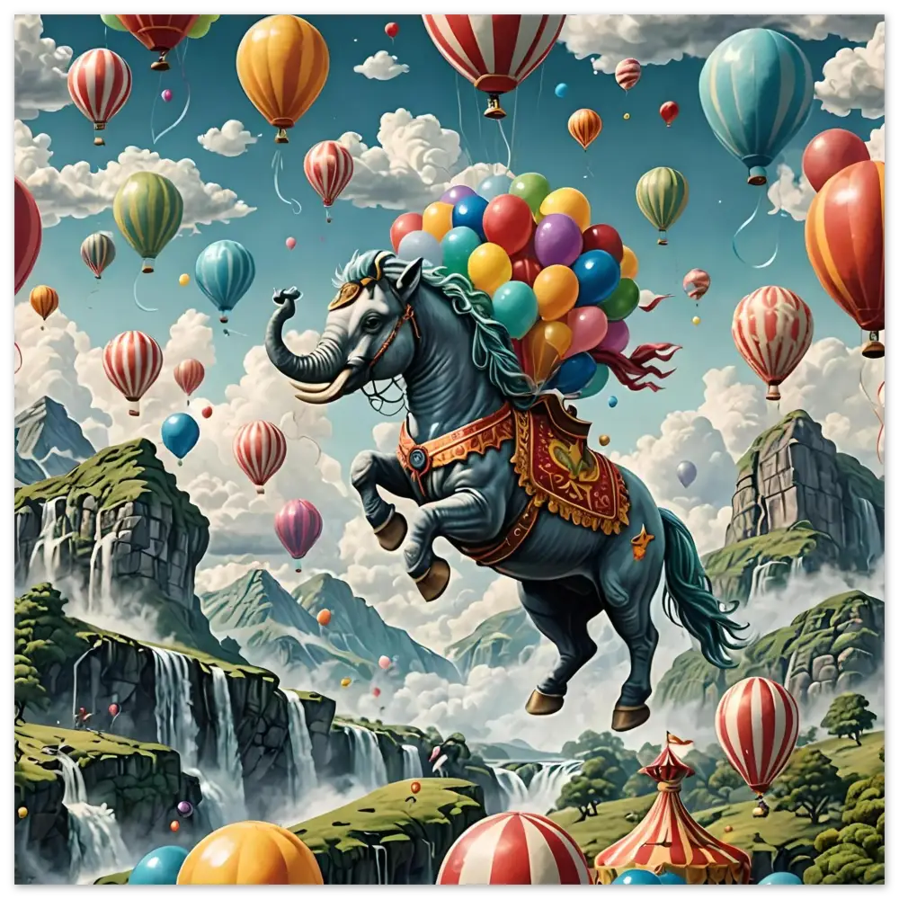 Fantasy horse-elephant hybrid with balloons featured on Skybound Majesty aluminum print by PixiOnyx