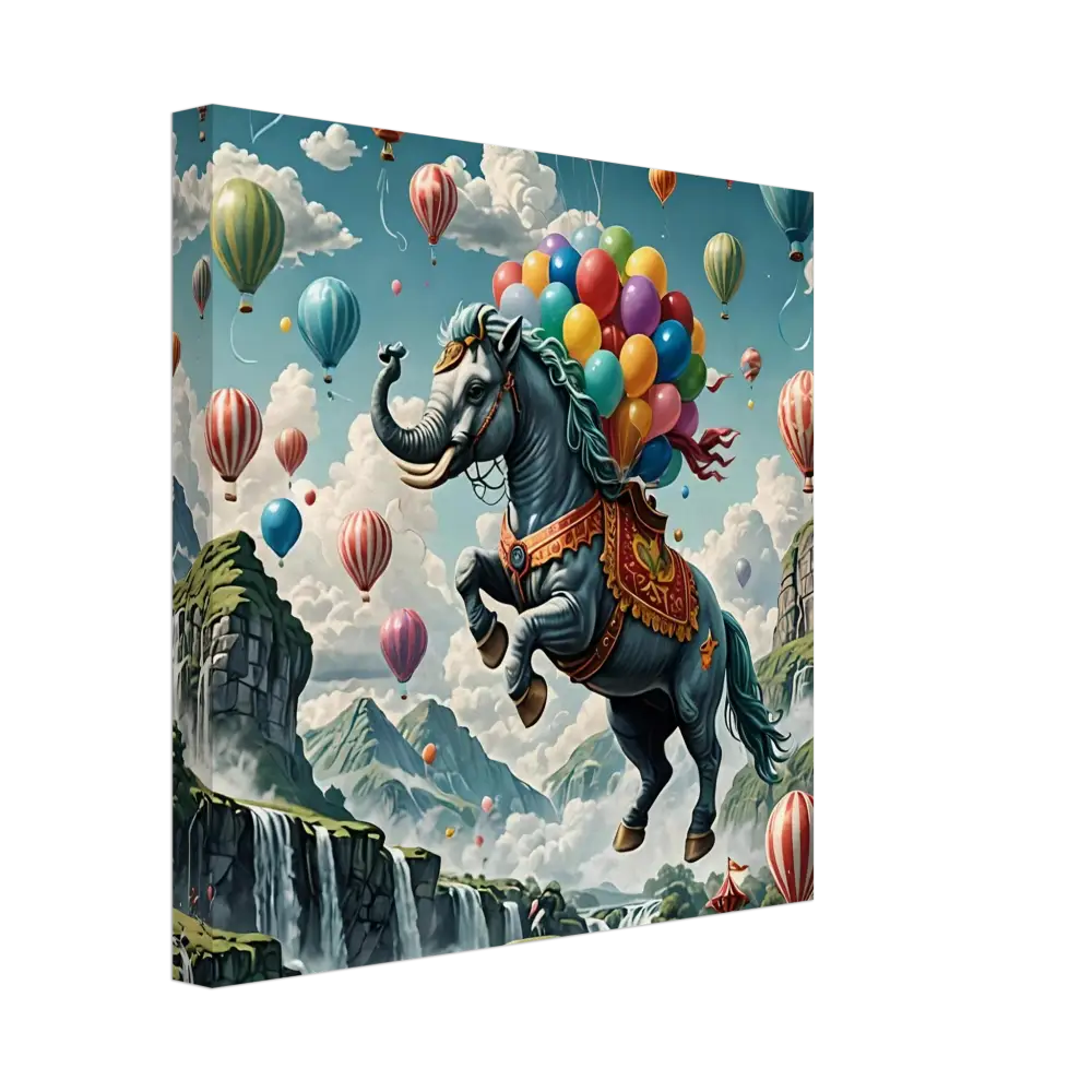 Fantasy elephant-horse hybrid with colorful balloons in Skybound Majesty Canvas Wall Art