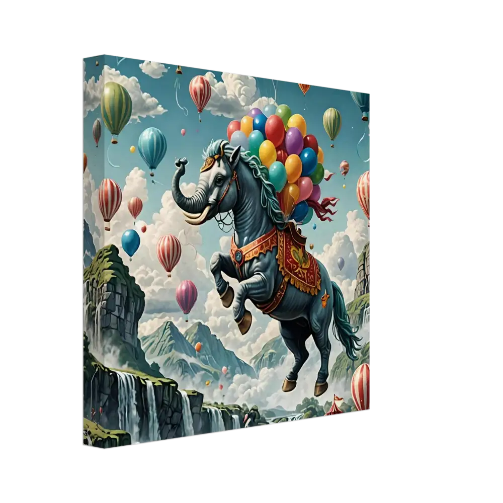 Fantasy elephant-horse hybrid with balloons displayed on Skybound Majesty Fantasy Canvas Wall Art