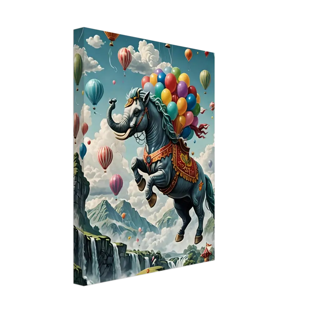 Fantasy elephant-horse hybrid with colorful balloons on Skybound Majesty Canvas Wall Art