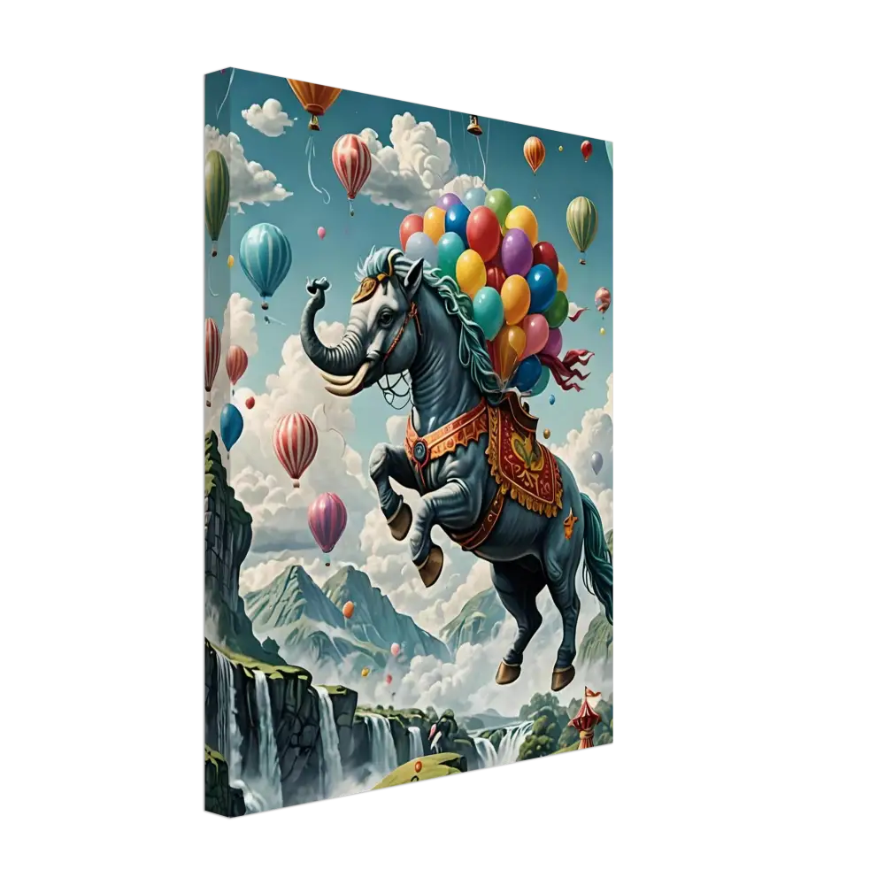 Fantasy elephant-horse hybrid with colorful balloons on Skybound Majesty Fantasy Canvas Wall Art