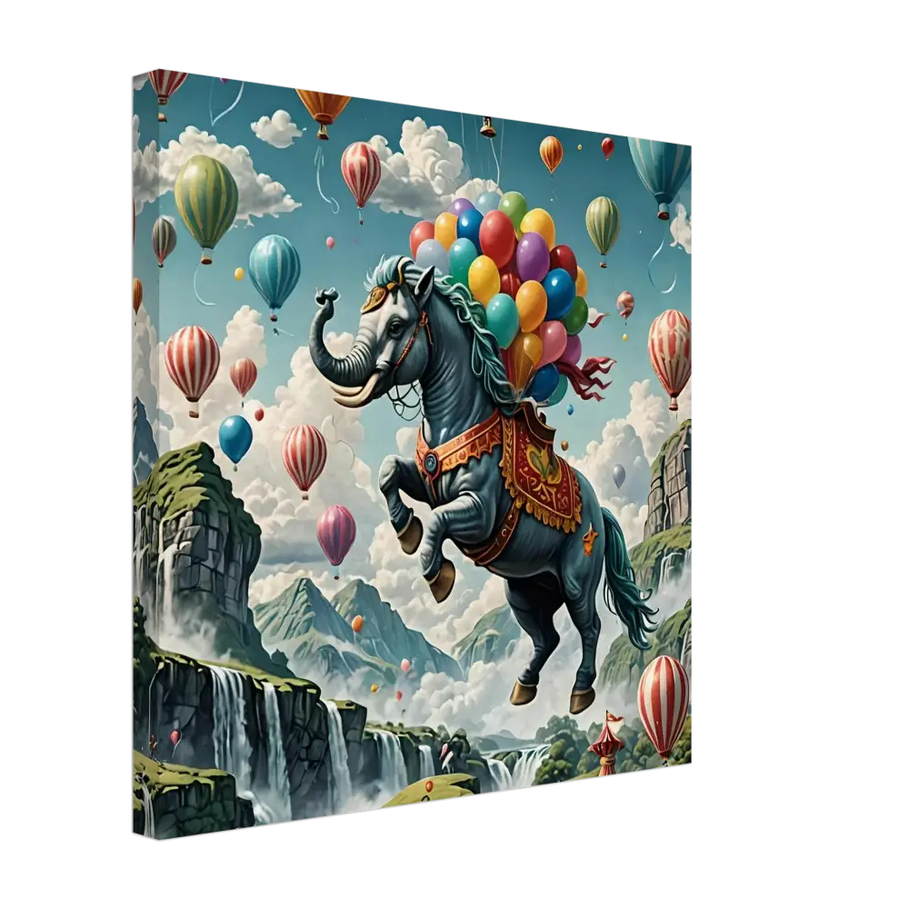 Fantasy elephant-horse hybrid with colorful balloons on Skybound Majesty Canvas Wall Art