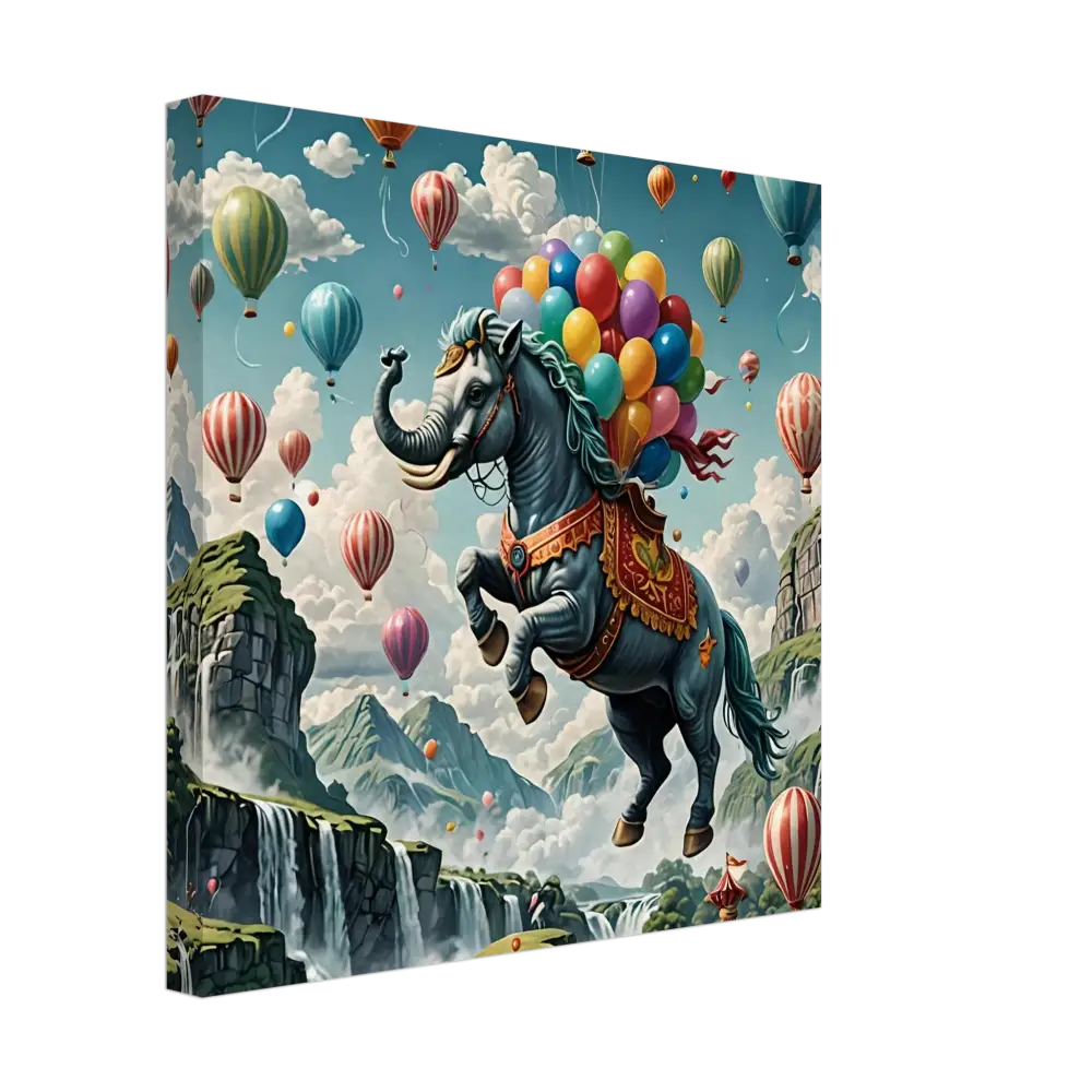 Fantasy elephant-horse hybrid with balloons displayed on Skybound Majesty Canvas Wall Art
