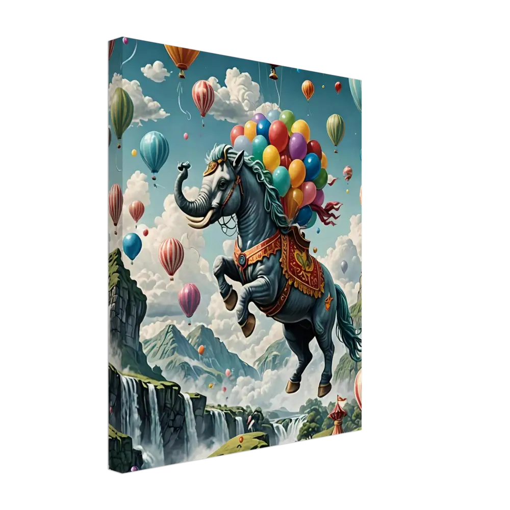 Fantasy elephant-horse hybrid soaring with balloons on Skybound Majesty Fantasy Canvas Wall Art