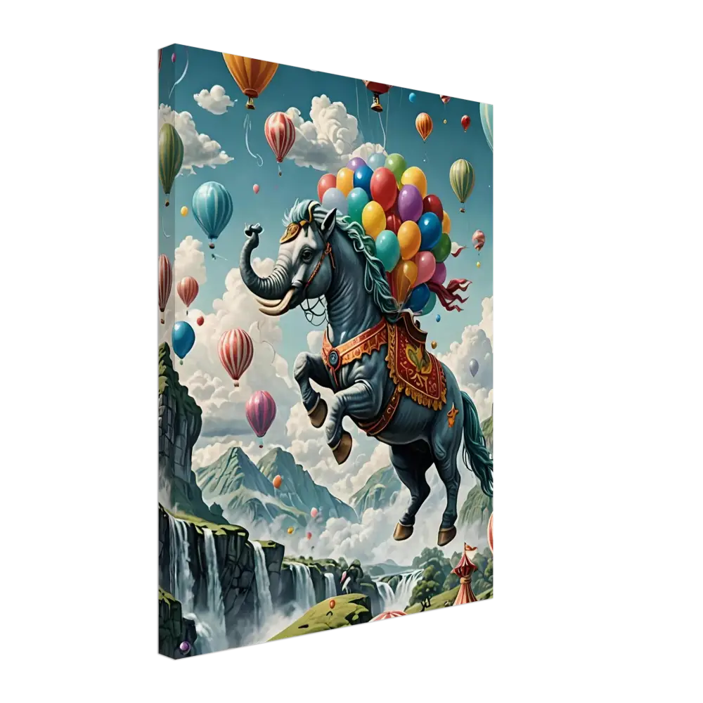 Fantasy elephant-horse hybrid with colorful balloons on Skybound Majesty Canvas Wall Art