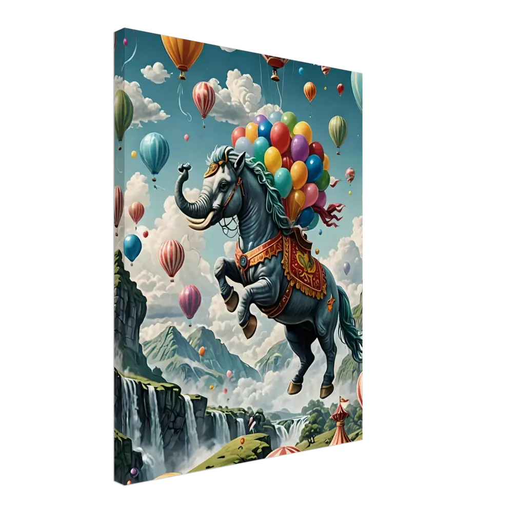 Fantasy elephant-horse hybrid with balloons on Skybound Majesty canvas wall art by PixiOnyx