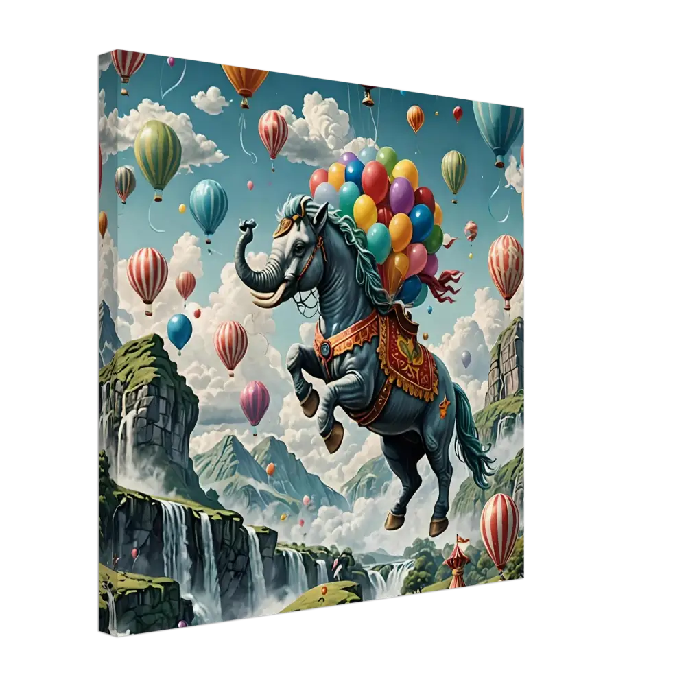 Fantasy elephant-horse hybrid with colorful balloons on Skybound Majesty Wall Art Canvas