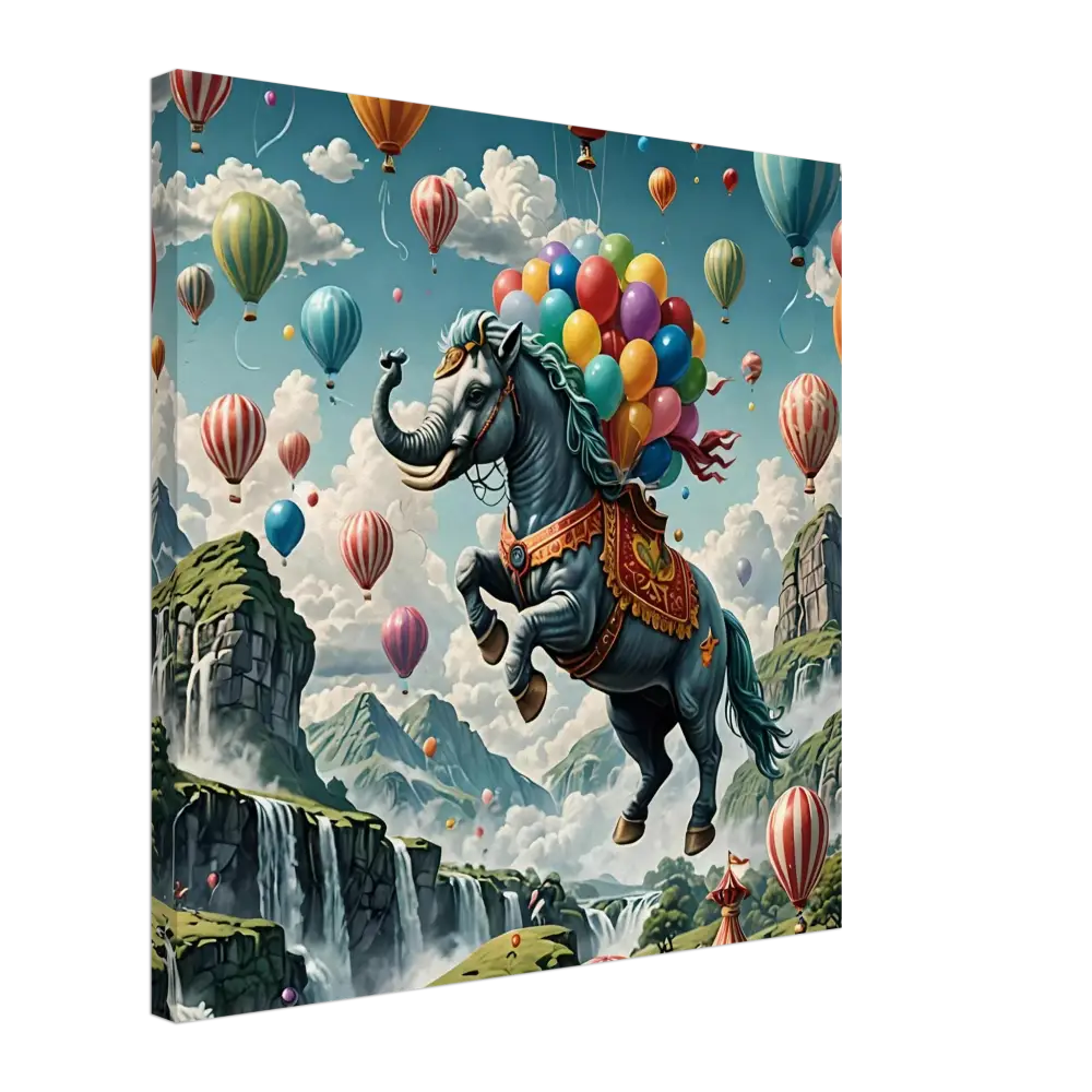 Fantasy elephant-horse hybrid with balloons displayed on Skybound Majesty Canvas Wall Art
