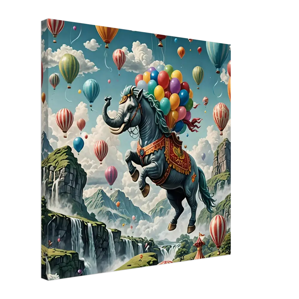 Fantasy elephant-horse hybrid with colorful balloons on Skybound Majesty wall art canvas