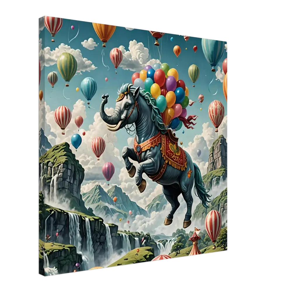Fantasy elephant-horse hybrid with colorful balloons on Skybound Majesty canvas wall art