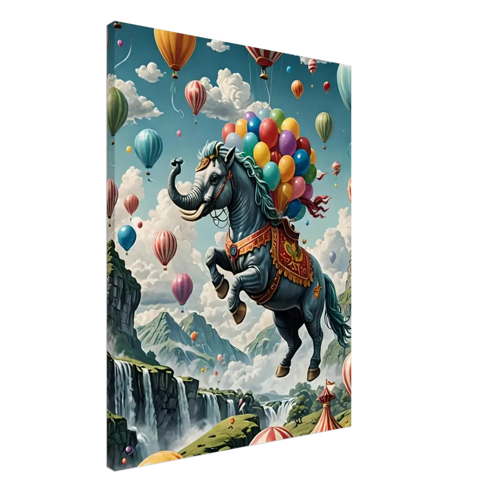 Fantasy elephant-horse hybrid with colorful balloons on Skybound Majesty Canvas Wall Art