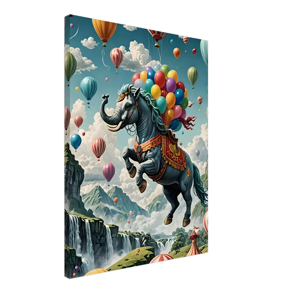 Fantasy elephant-horse hybrid with balloons displayed on Skybound Majesty Fantasy Canvas Wall Art