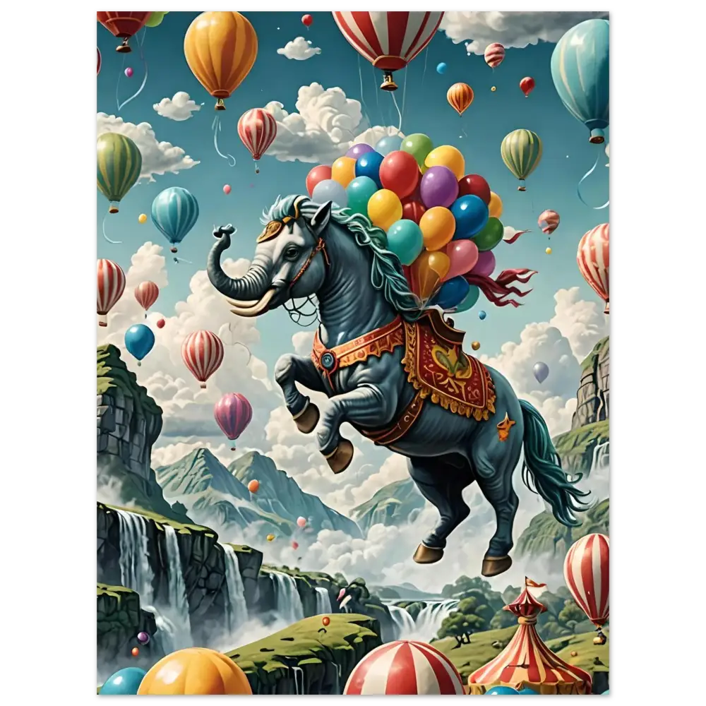 Fantasy horse-elephant hybrid with colorful balloons in Skybound Majesty Fine Art Fantasy Poster
