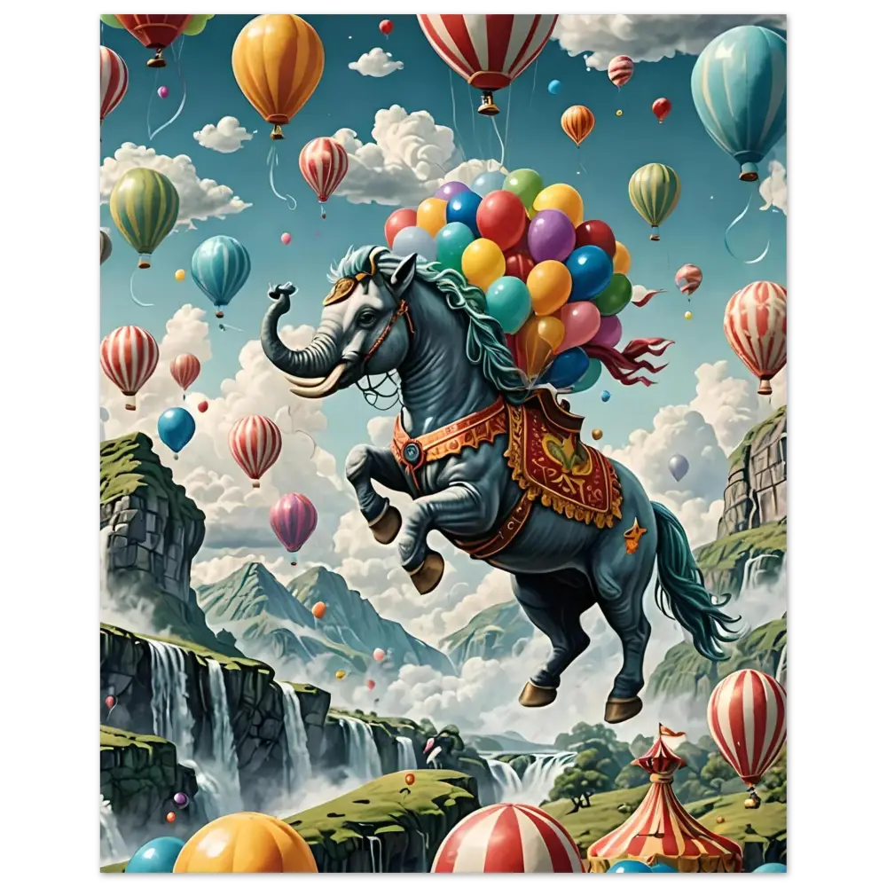 Elephant-headed horse amidst colorful balloons on Skybound Majesty Fantasy Poster