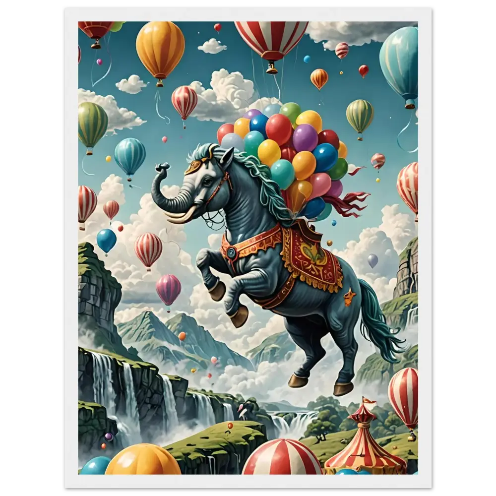 Elephant-headed horse with colorful balloons on Skybound Majesty Premium Matte Poster