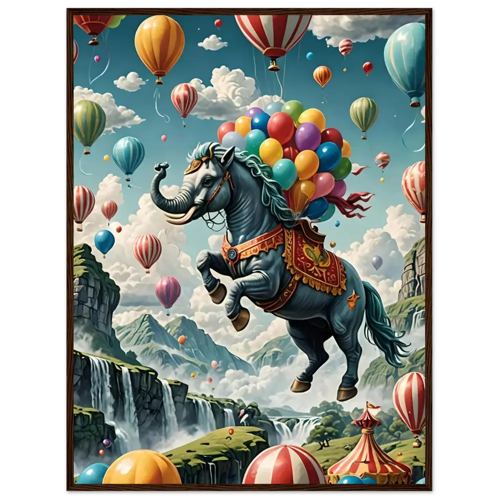 Elephant-headed horse with colorful balloons on Skybound Majesty framed poster