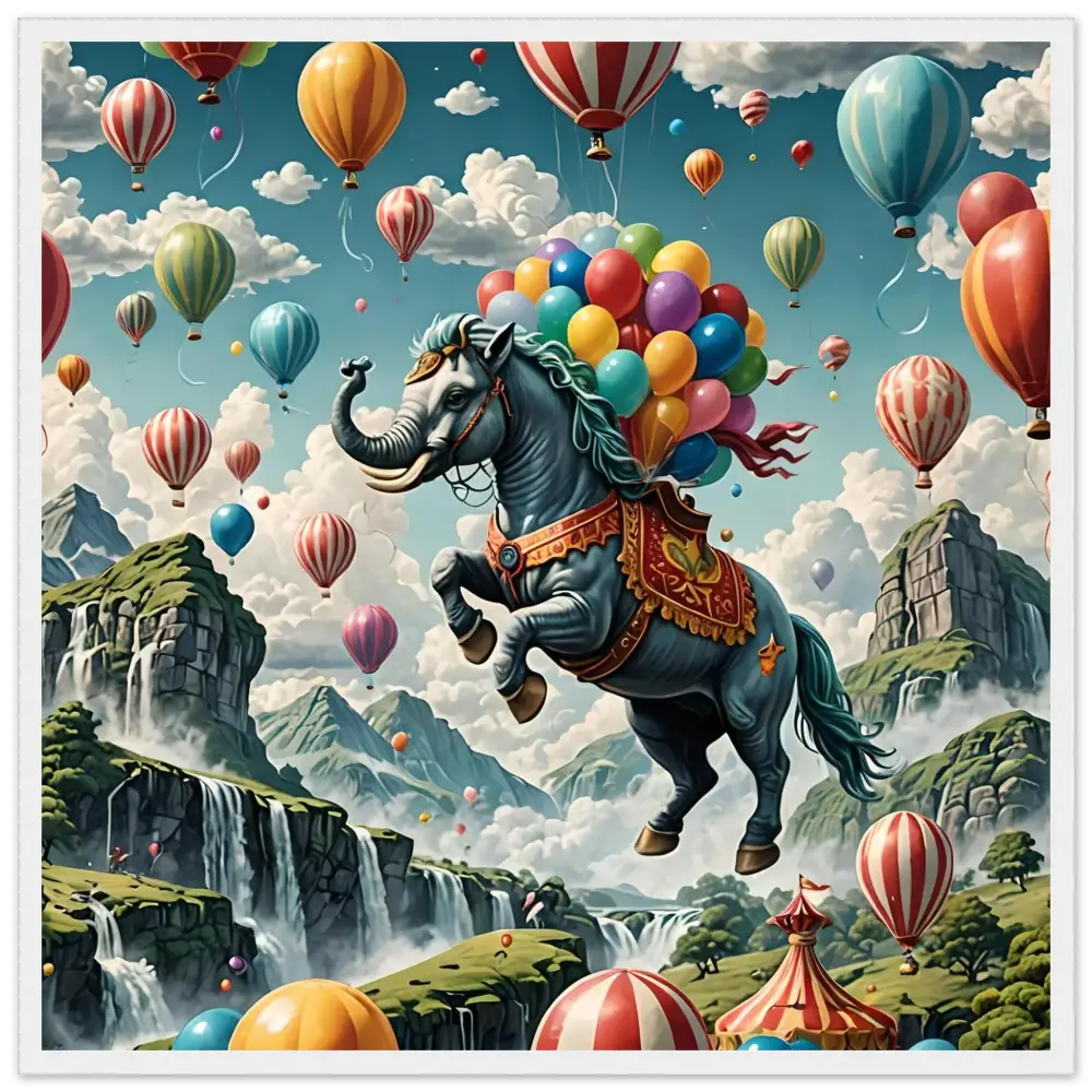 Fantasy elephant-horse hybrid with balloons on Skybound Majesty premium matte paper poster