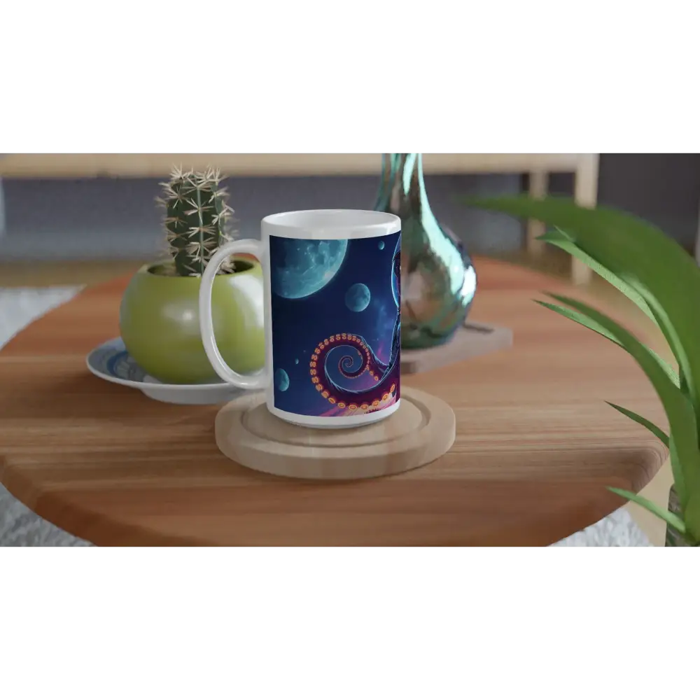 White mug with space and tentacle design from PixiOnyx Cosmic Fuel Cup collection