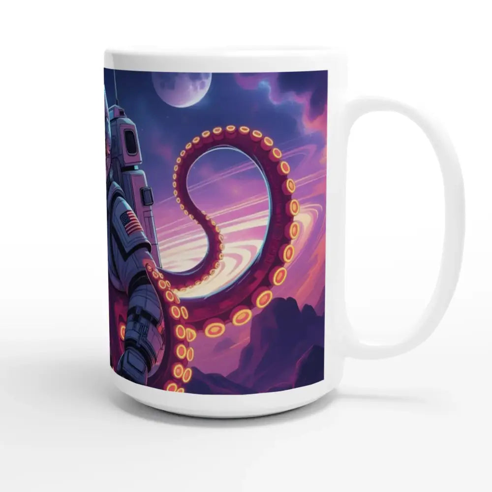 White ceramic mug with space-themed graphic from Space Octonaut Mug Tentacles & Galaxies