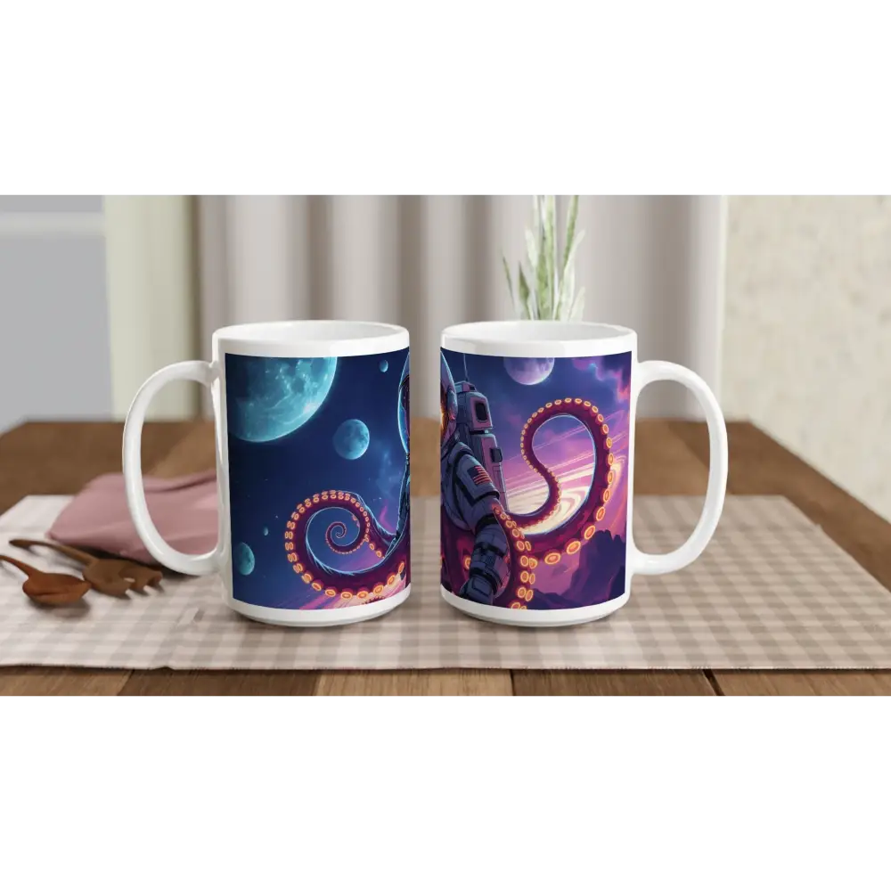 Space Octonaut Mug featuring astronaut and octopus designs for cosmic enthusiasts
