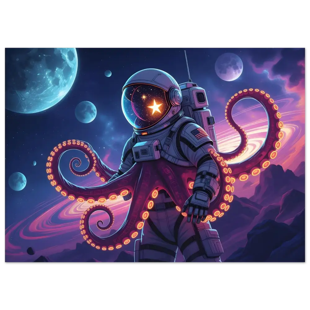 Astronaut with octopus tentacles in Cosmic Tentacle Voyager Fine Art Print by PixiOnyx